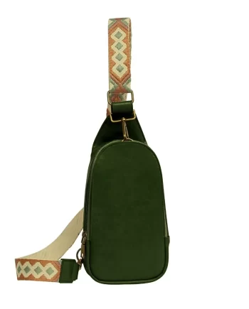 "Olive green vegan leather crossbody bag with a versatile adjustable strap and sustainable materials."