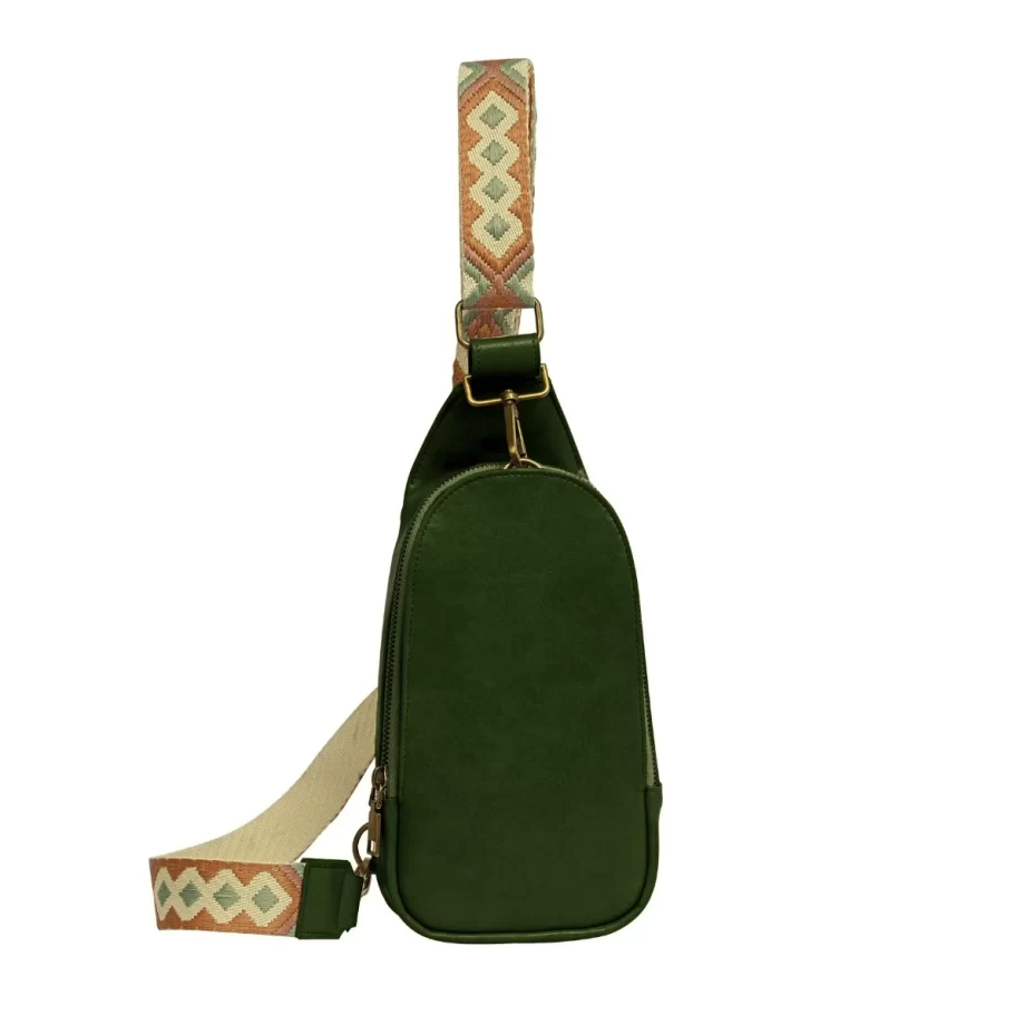 "Olive green vegan leather crossbody bag with a versatile adjustable strap and sustainable materials."