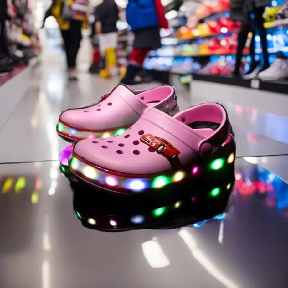 Kids' Pink LED Slides: Fun and comfortable slides featuring built-in LED lights, perfect for adding a touch of sparkle to every step. The vibrant pink color and easy slip-on design make these slides both stylish and practical for active kids