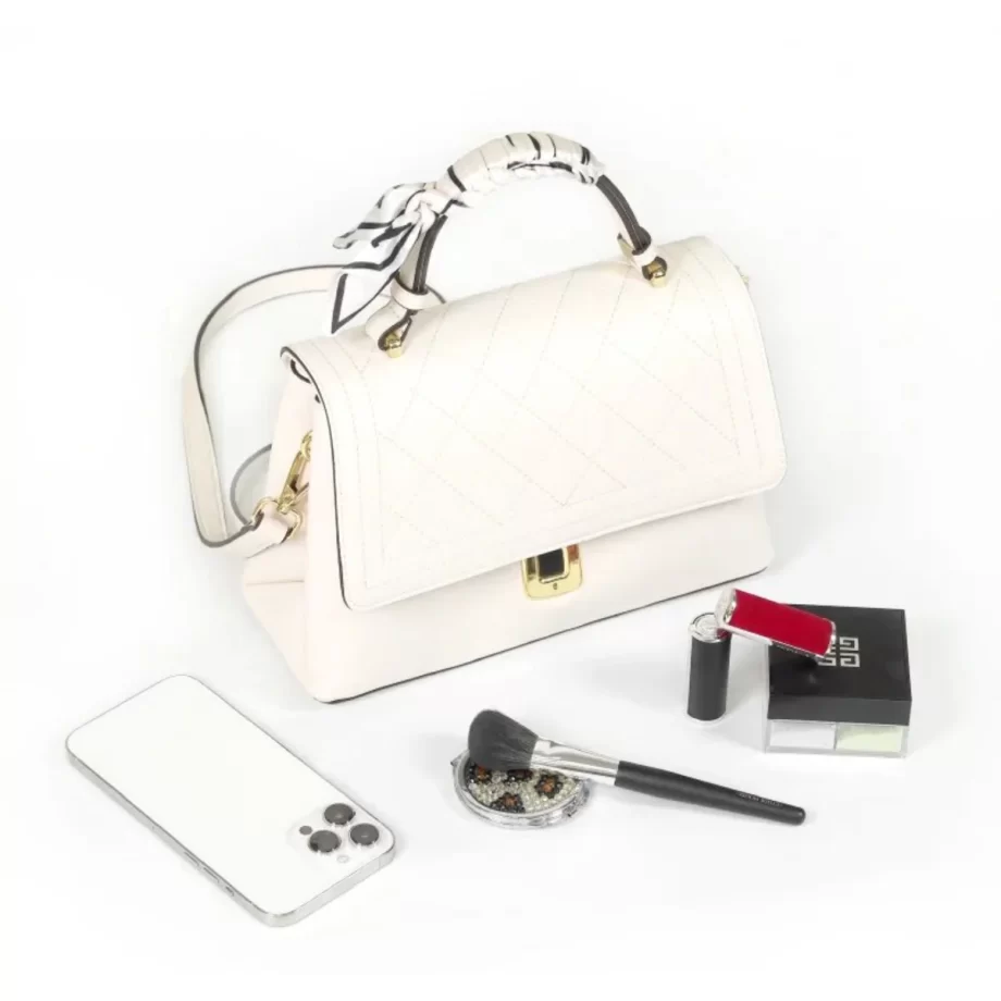 Pearl Elegance Handle Tote: A stylish white handbag featuring a sleek design, gold-toned clasp, and a braided handle, embodying elegance and refined style.