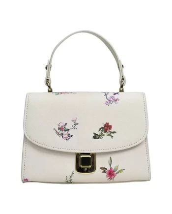 Tiny Botanical Beauty: A charming white handbag featuring a delicate floral pattern, adorned with a top handle and a gold-tone clasp, capturing elegance and nature-inspired beauty.