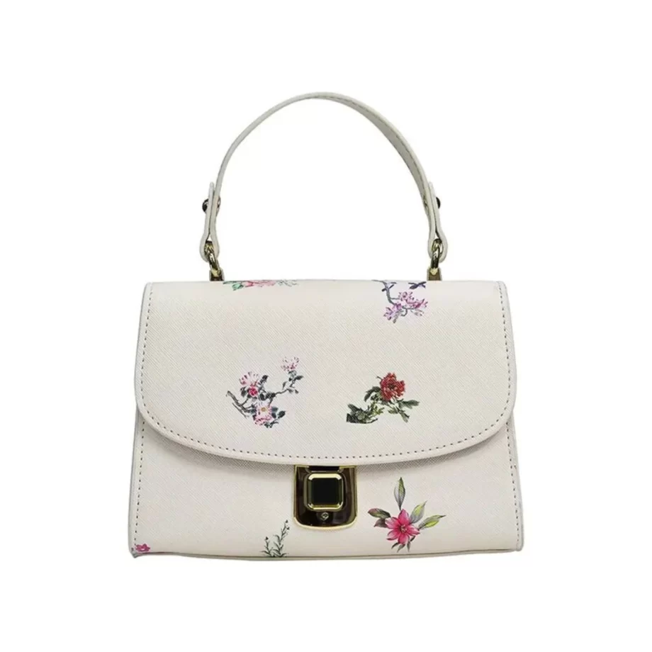 Tiny Botanical Beauty: A charming white handbag featuring a delicate floral pattern, adorned with a top handle and a gold-tone clasp, capturing elegance and nature-inspired beauty.