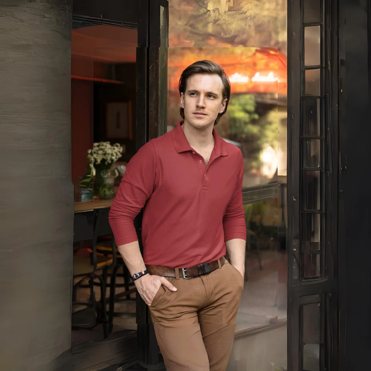 100% Cotton Long-Sleeve Polo in Burgundy: A rich and luxurious long-sleeve polo made from 100% cotton, offering a bold and distinguished look.